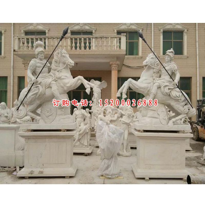 西方战士骑马石雕，汉白玉西方战士骑马雕塑
