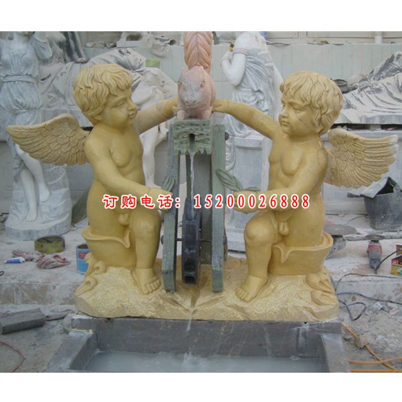 西方小天使石雕，小天使逗小松鼠雕塑 (2)