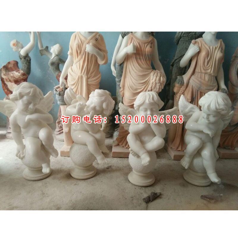 西方小孩石雕，汉白玉四小天使石雕