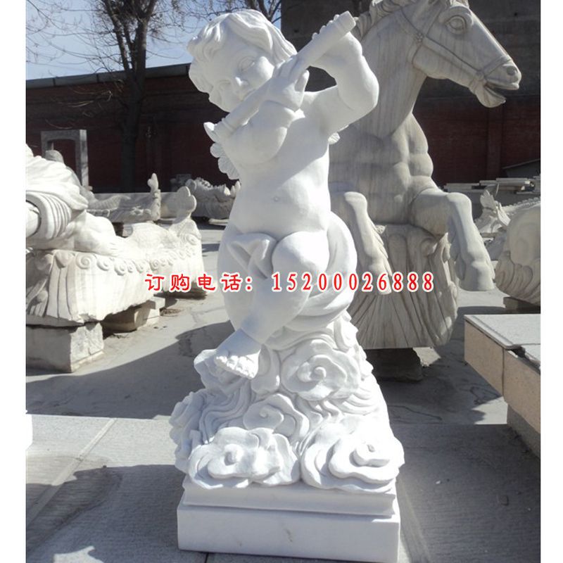 吹笛小天使石雕，汉白玉小天使雕塑