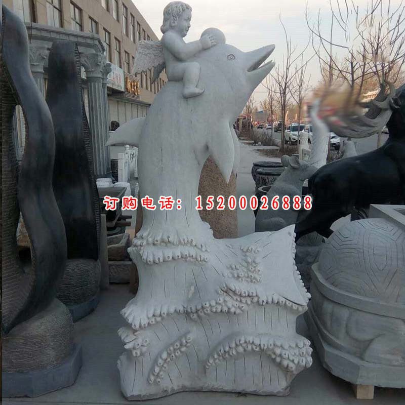 骑海豚的小天使石雕，大理石公园景观石雕