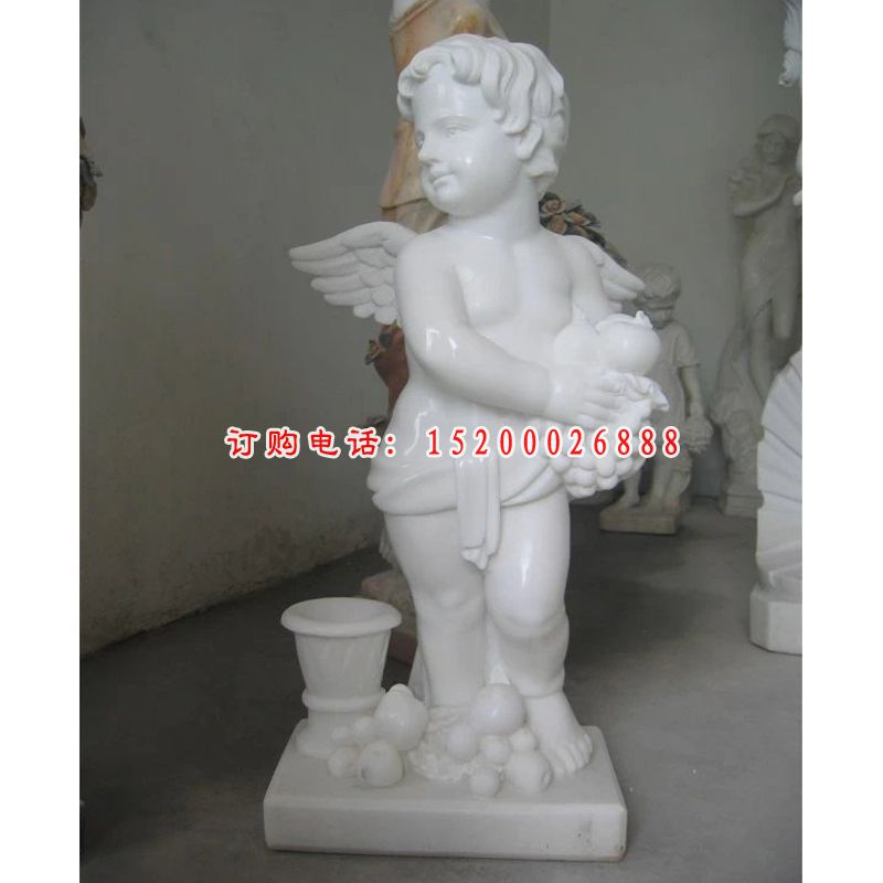 小天使抱葡萄石雕，汉白玉人物石雕