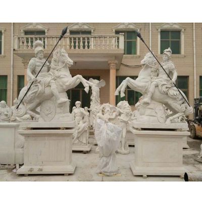 西方战士骑马石雕，汉白玉西方战士骑马雕塑