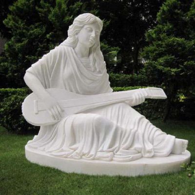 弹奏乐器的女孩石雕，汉白玉人物石雕