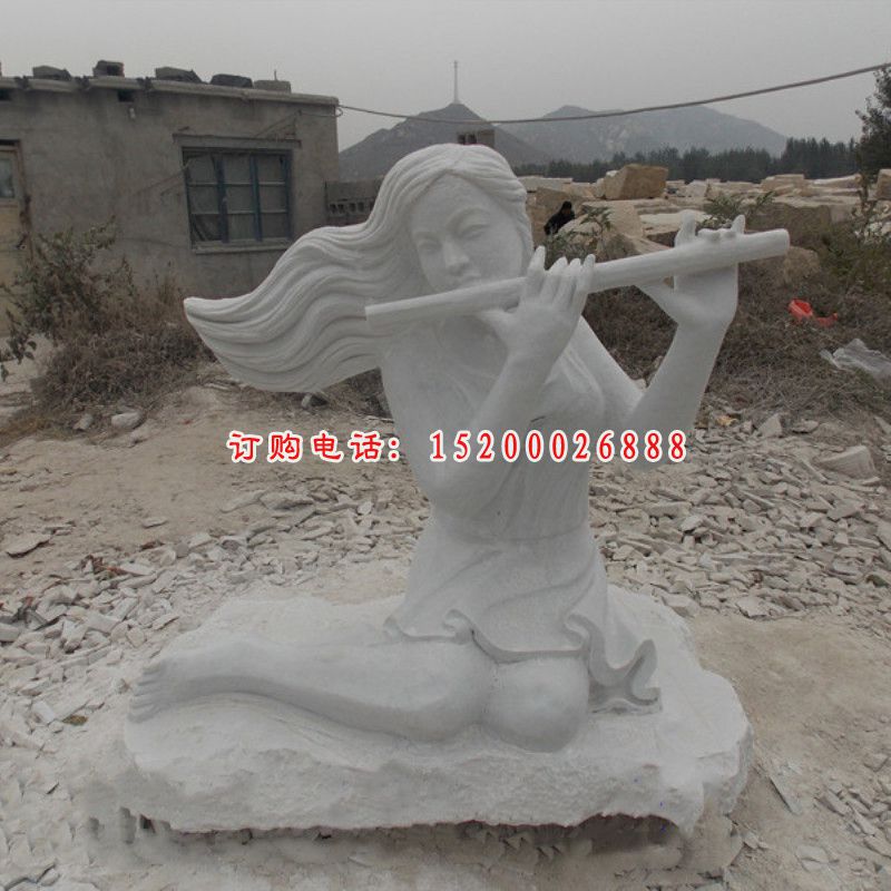 美女吹笛子雕塑，公园景观石雕