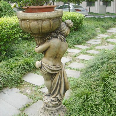石雕美女抱着花盆雕塑  公园人物雕塑