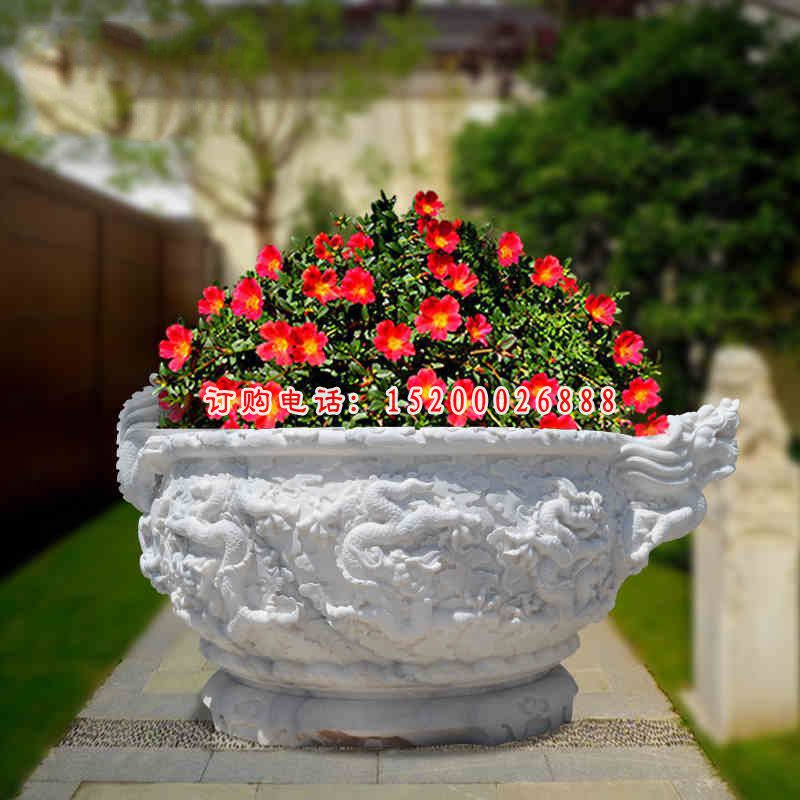 龙浮雕花盆，汉白玉石雕水缸 (2)