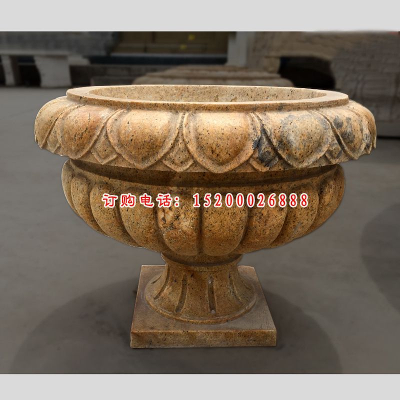 晚霞红花盆雕塑，石雕花盆