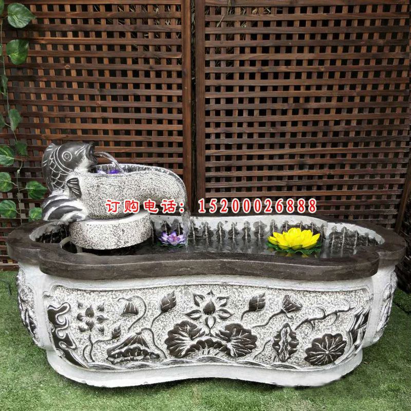 喷水鲤鱼石水槽 青石仿古水缸 (3)