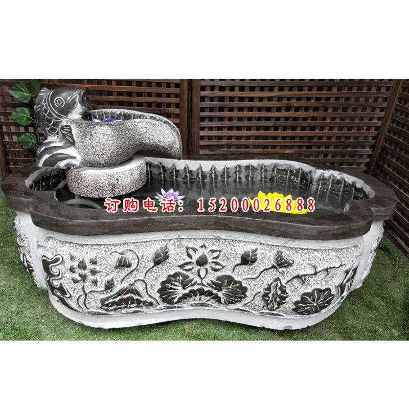 喷水鲤鱼石水槽 青石仿古水缸 (6)