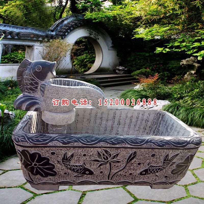 喷水鲤鱼石水槽 青石仿古水缸 (4)