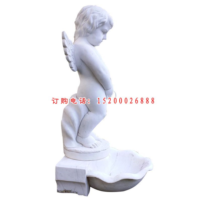 汉白玉小天使撒尿石雕，石雕天使花盆雕塑