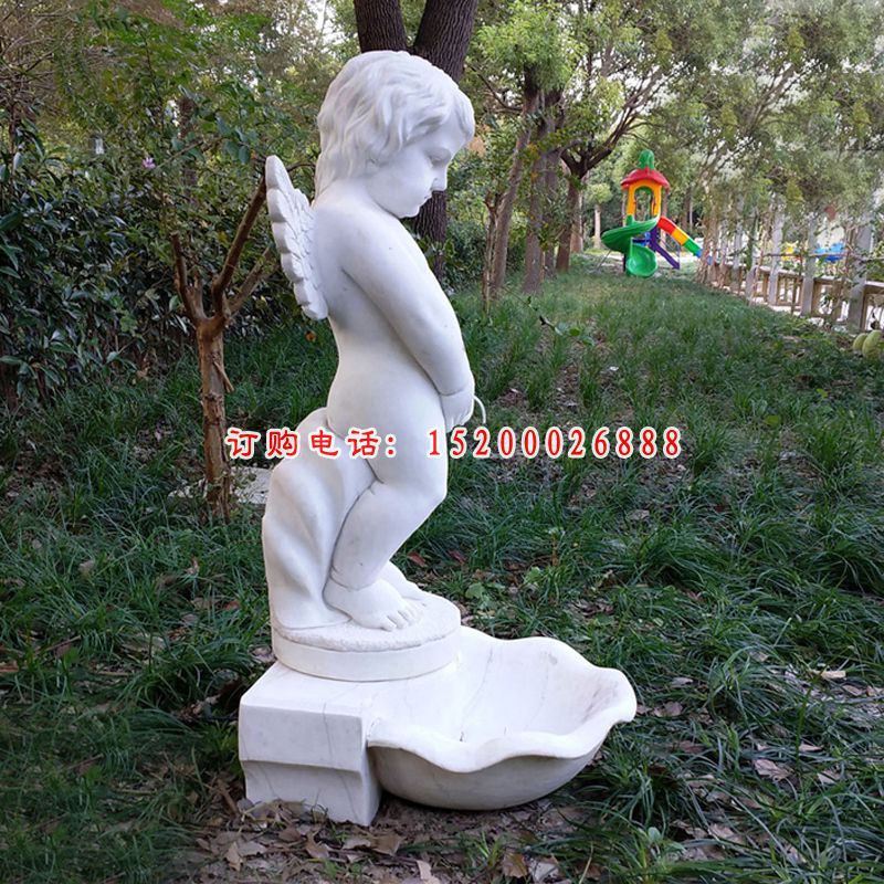 石雕天使花盆雕塑，汉白玉小天使撒尿石雕