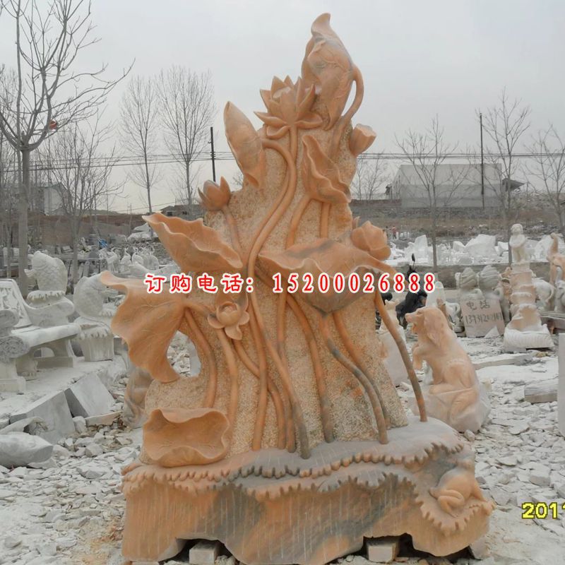 晚霞红景观石雕，荷花与鱼石雕 (2)