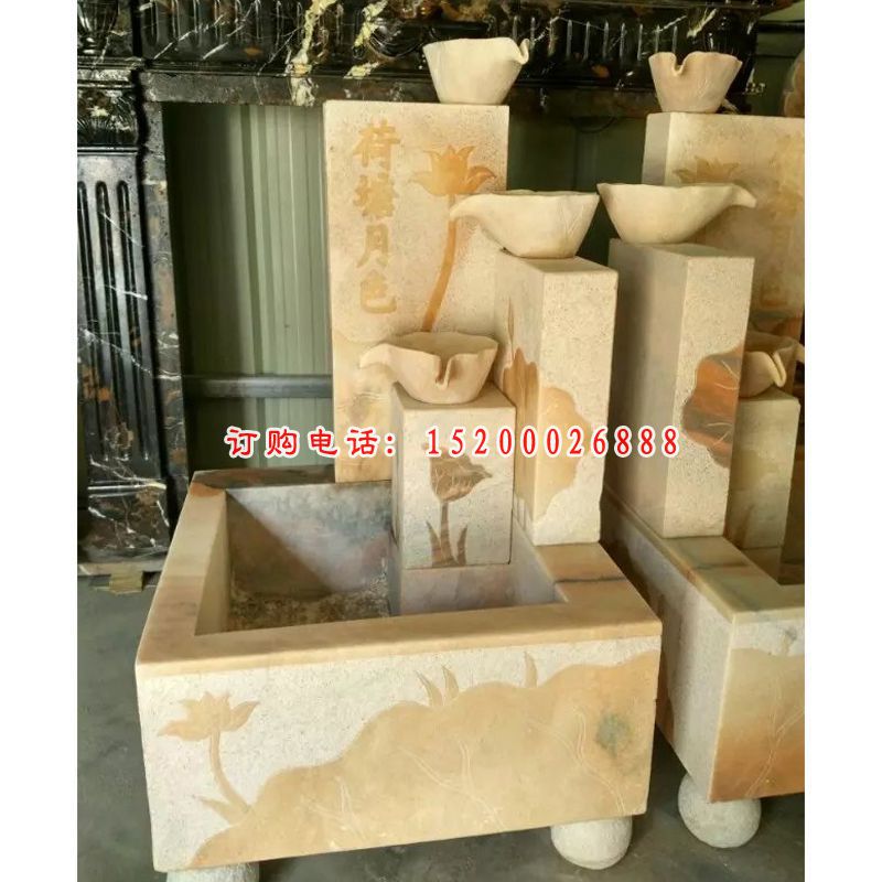 晚霞红水盆雕塑，石雕水盆