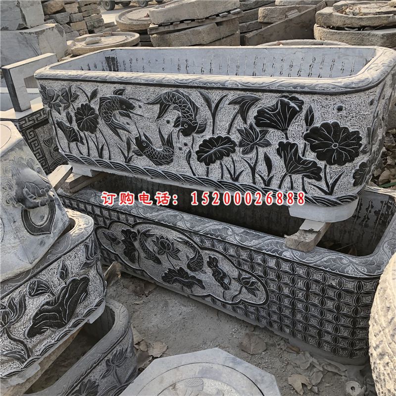荷花鲤鱼浮雕水缸，仿古石雕水缸 (1)