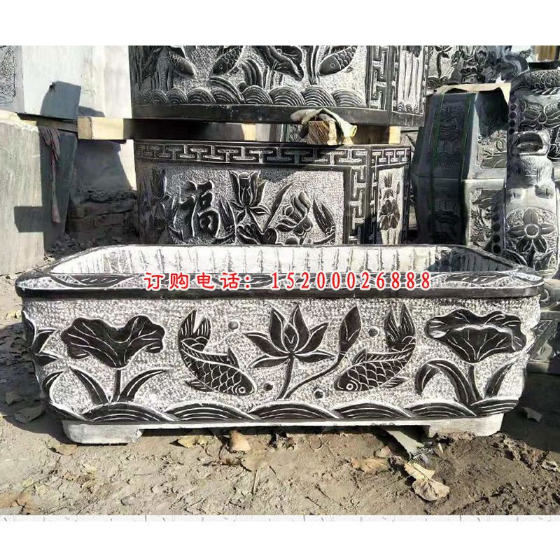 鲤鱼荷花浮雕水缸 青石仿古水缸石雕  (13)