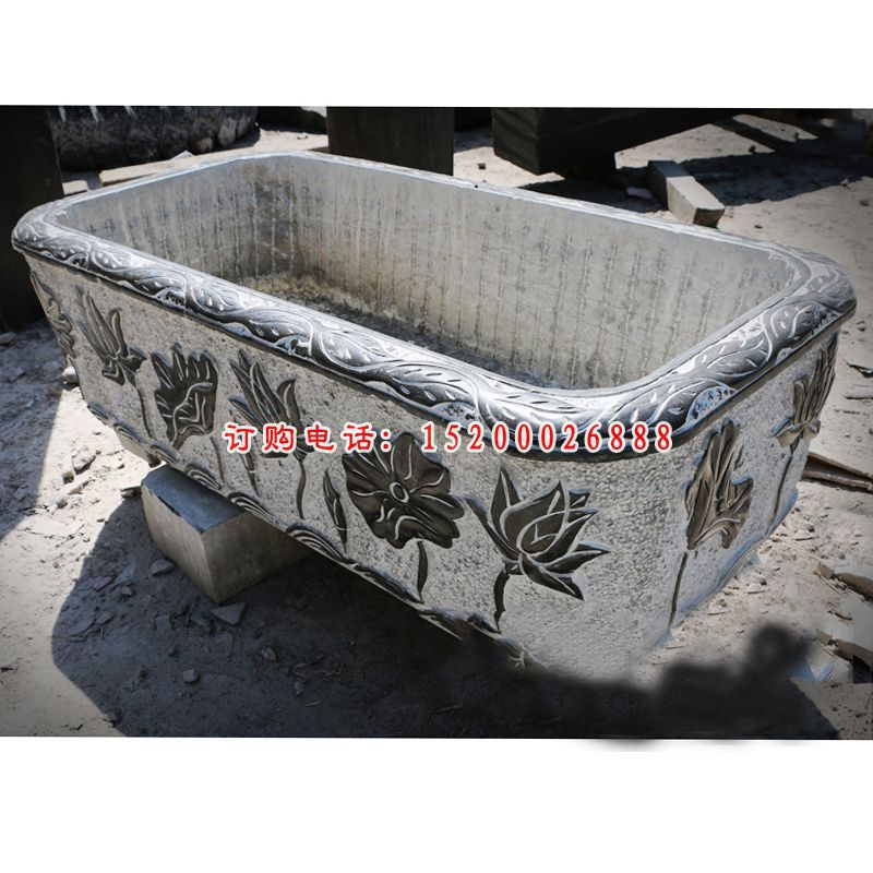 莲花浮雕石水缸 青石仿古水槽