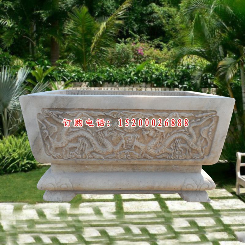 双龙戏珠浮雕水缸 公园方形石水缸 (2)
