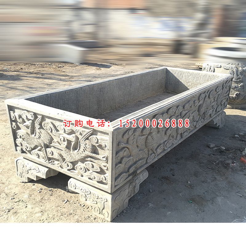 长形水缸雕塑，仿古石水缸