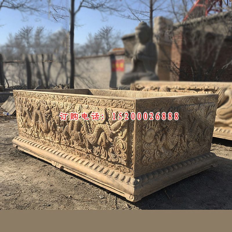 青石降龙水缸   石雕公园景观雕塑