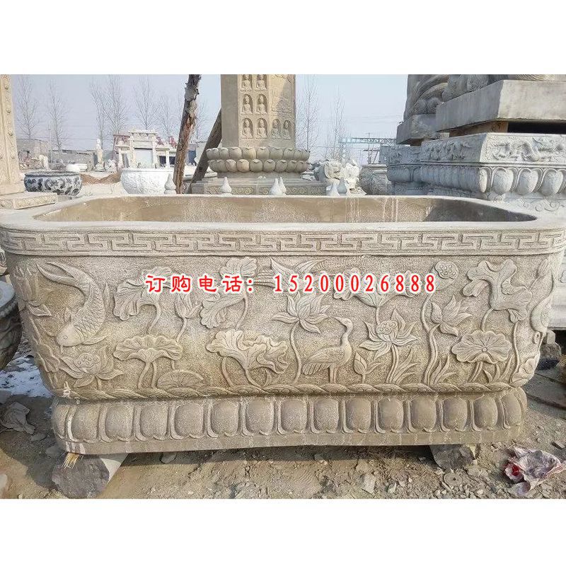 石雕水盆，大理石方形石水盆