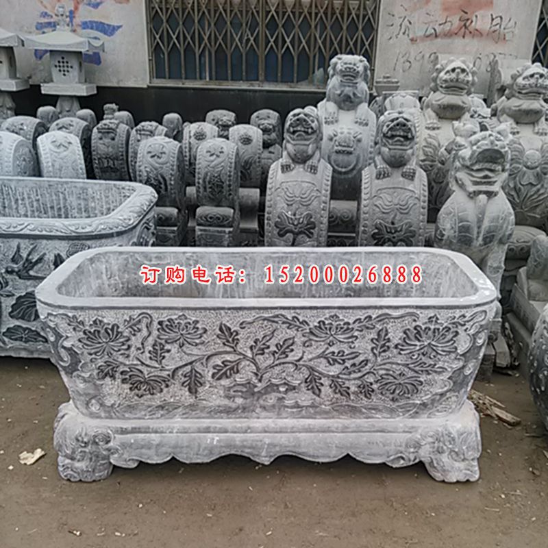 方形水缸石雕，青石水盆