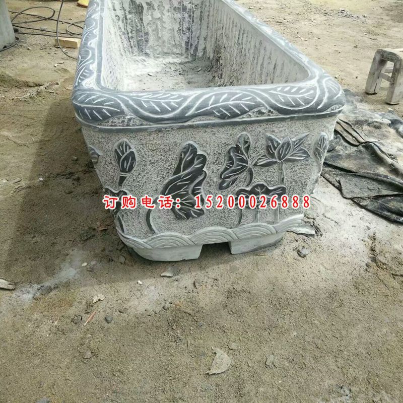 仿古方形水缸石雕  莲花鲤鱼浮雕水缸 (2)