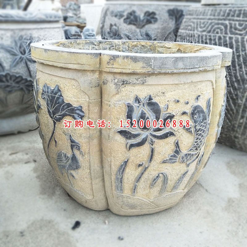 仿古石雕水缸，青石水盆 (2)