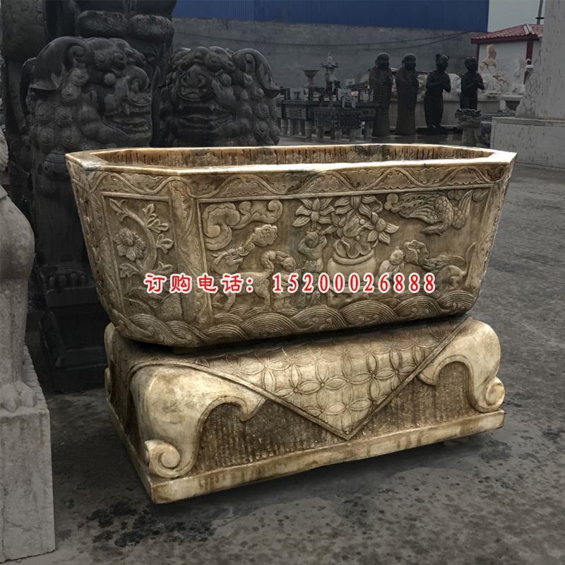 仿古水缸，石浮雕水缸