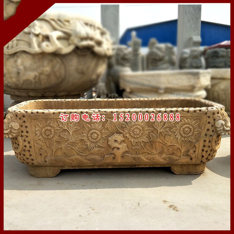 浮雕荷花水缸  石雕小区景观雕塑