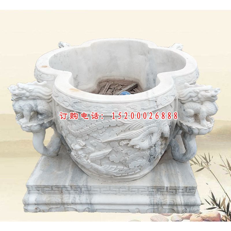 汉白玉龙浮雕荷花缸 庭院石雕水缸 (3)