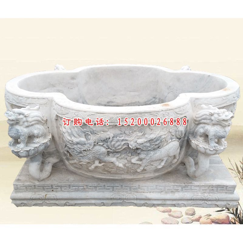 汉白玉龙浮雕荷花缸 庭院石雕水缸 (5)