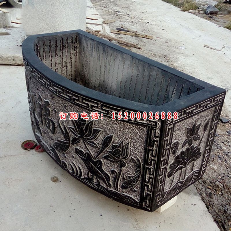 鲤鱼福字浮雕石水缸 长方形水槽石雕 (3)