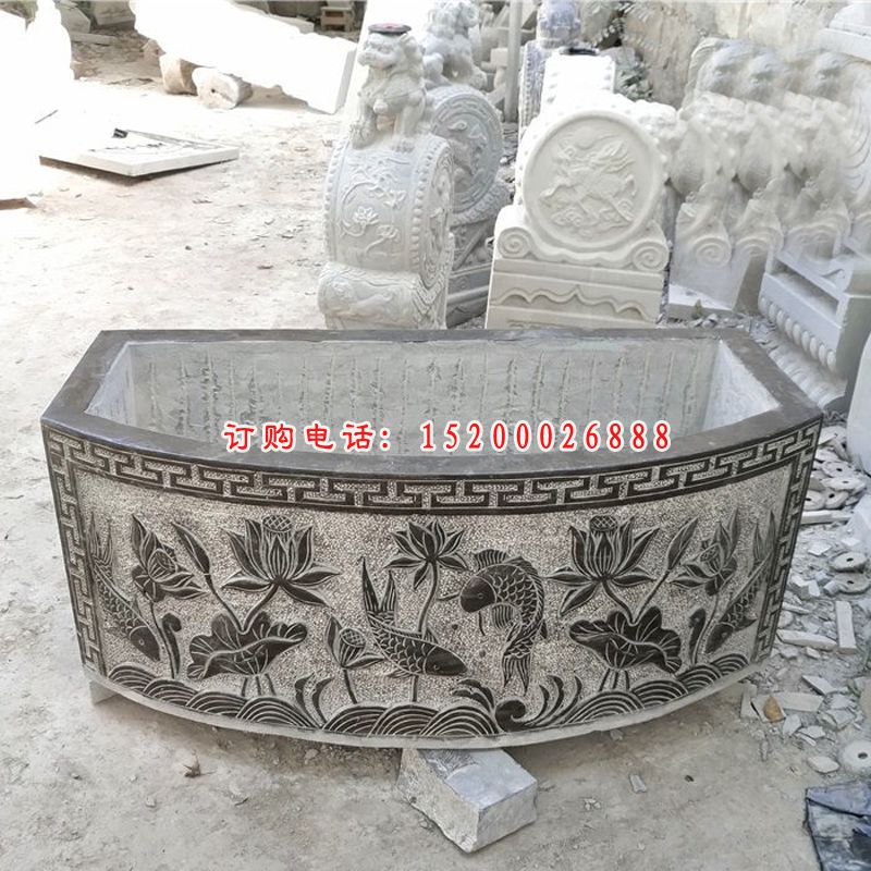 鲤鱼荷花浮雕水缸 青石仿古水缸石雕  (10)