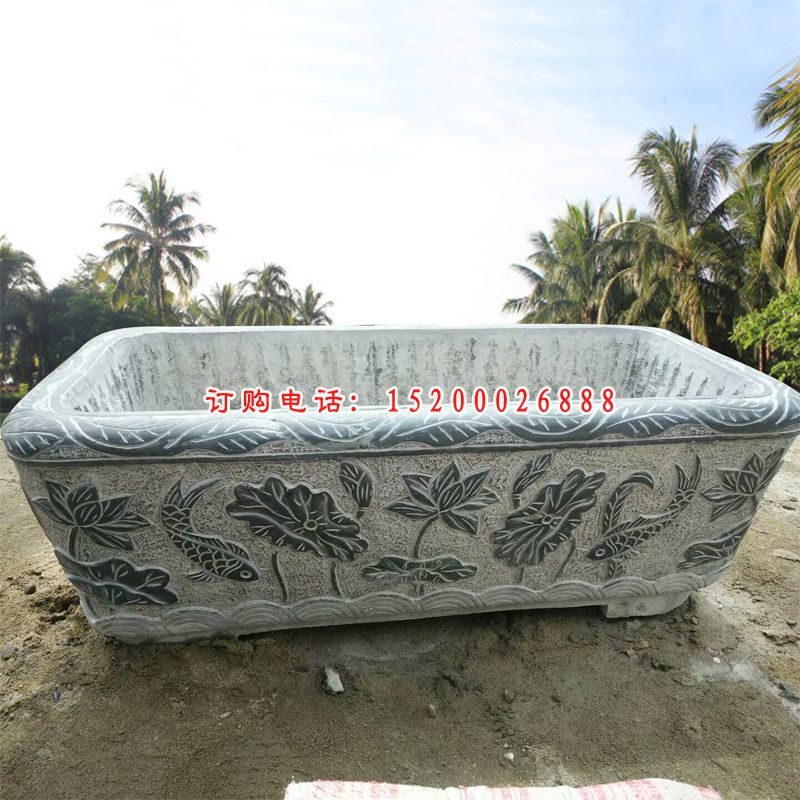 连年有余浮雕方形水缸 青石仿古水缸石雕 (2)