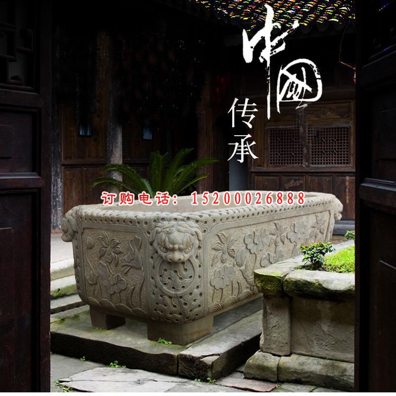 莲花浮雕水缸 长方形石水槽 (2)