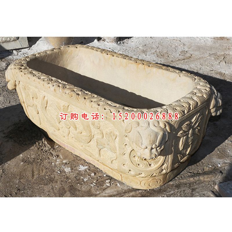 莲花浮雕水缸 长方形石水槽 (3)