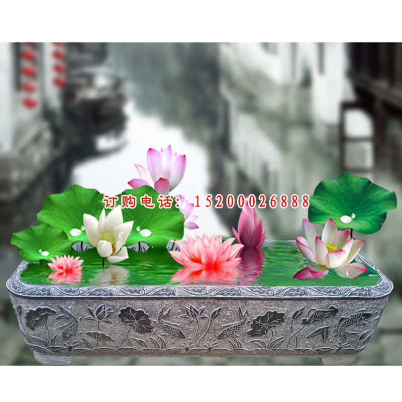 青石荷花水缸   石雕公园景观摆件
