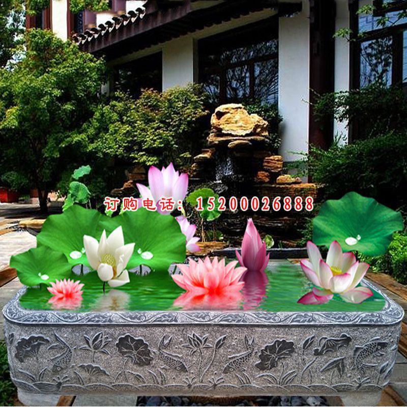 青石荷花水缸   石雕小区景观摆件 (4)