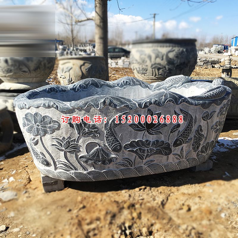 青石荷花水缸  石雕广场景观雕塑