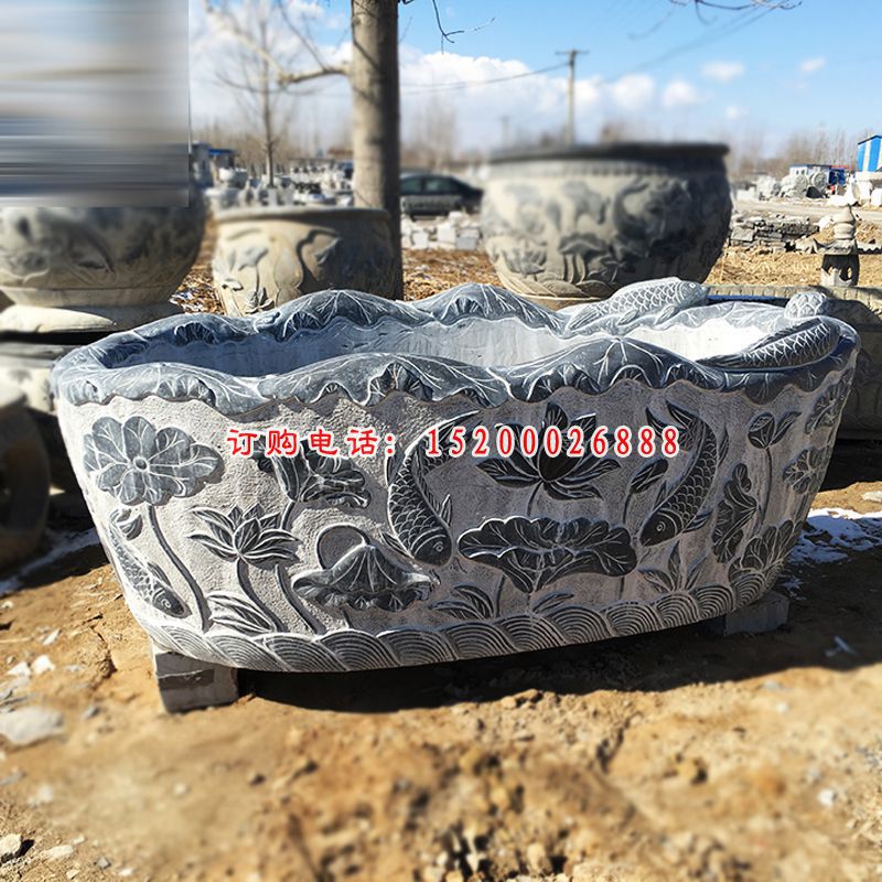 青石荷花水缸  石雕小区景观雕塑 (4)