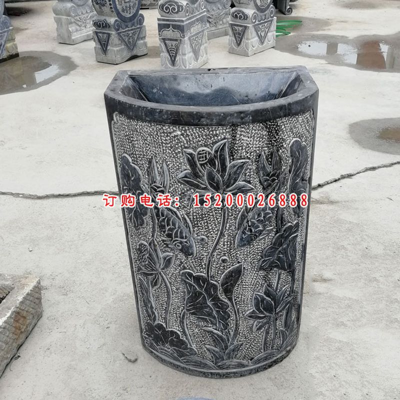 鲤鱼荷花浮雕水缸 青石仿古水缸石雕  (19)