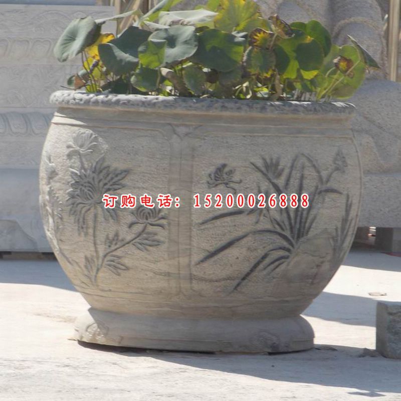 梅兰竹菊浮雕石水缸  公园仿古荷花缸石雕