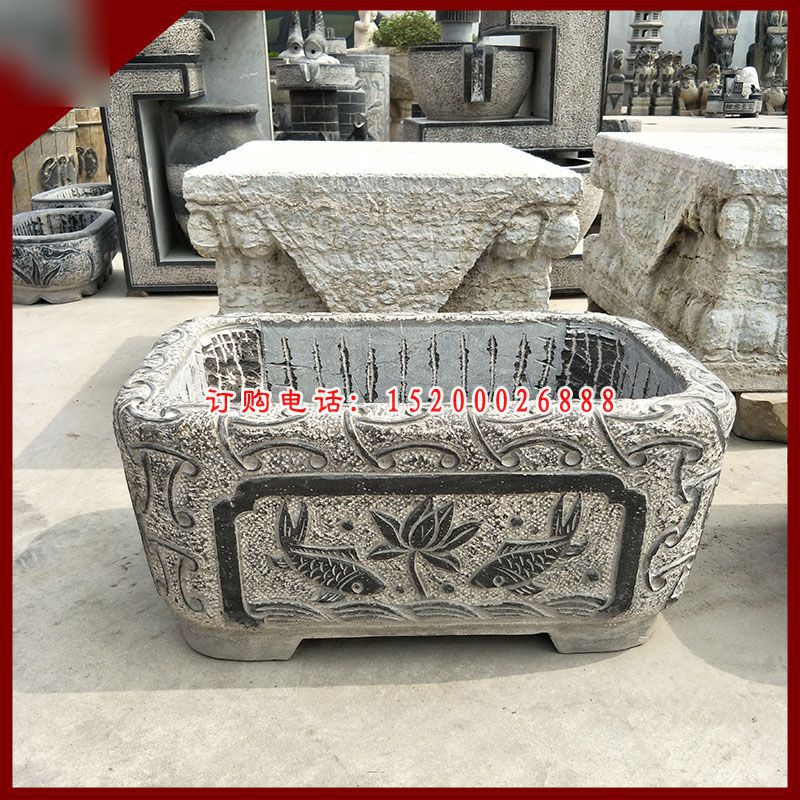 青石荷花水缸  石雕别墅景观雕塑 (3)