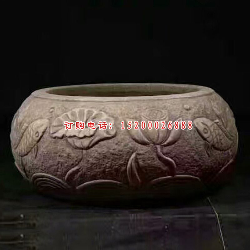 青石荷花水缸  石雕庭院景观雕塑 (2)
