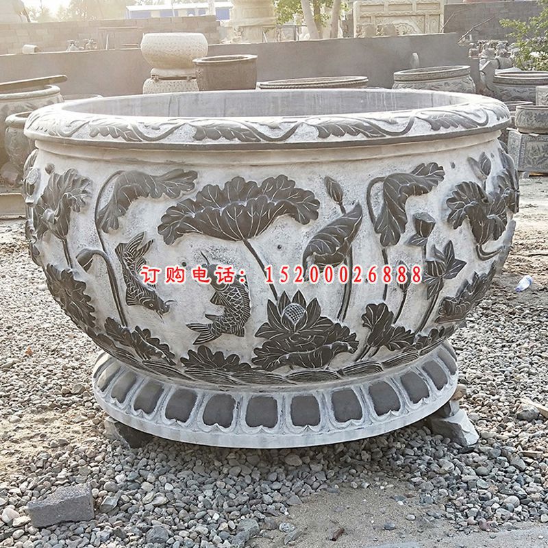 大理石鲤鱼荷花石浮雕水缸雕塑，公园景观摆件