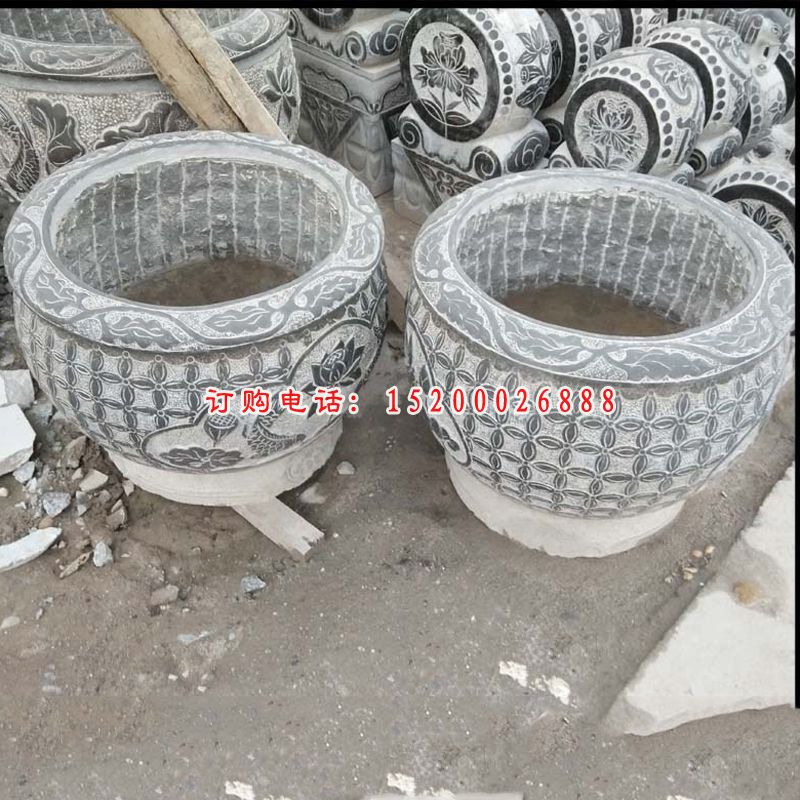 大理石花纹浮雕水缸雕塑，庭院景观石雕