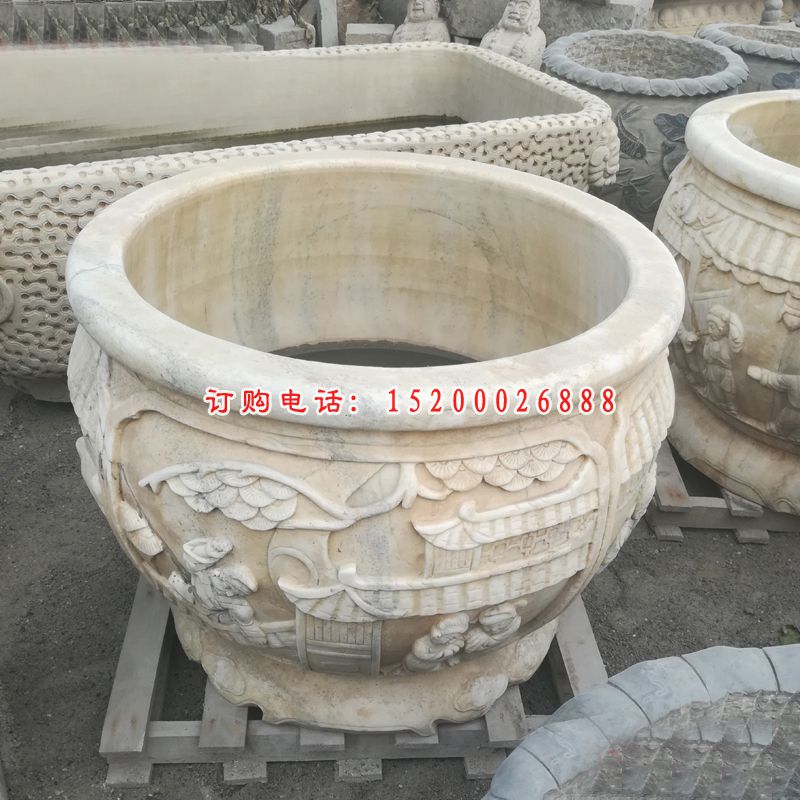 大理石鲤鱼花盆     石雕公园景观摆件