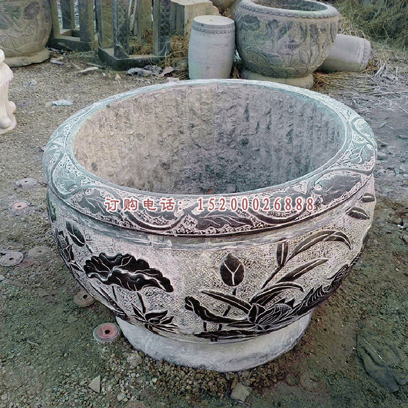 大理石石浮雕水缸雕塑，庭院景观摆件